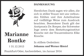 Traueranzeige von Marianne Rontke von WVG - Wochenspiegel Aschersleben