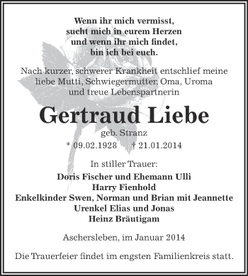 Traueranzeige von Gertraud Liebe von WVG - Wochenspiegel Aschersleben