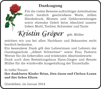 Traueranzeige von Kristin Gröper von WVG - Wochenspiegel Aschersleben