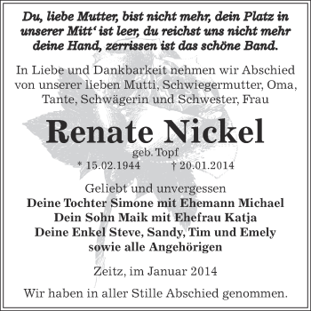 Traueranzeige von Renate Nickel von Super Sonntag Zeitz