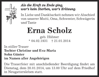 Traueranzeige von Erna Scholz von Super Sonntag Bernburg