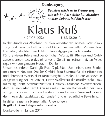 Traueranzeige von Klaus Ruß von WVG - Wochenspiegel Quedlinburg