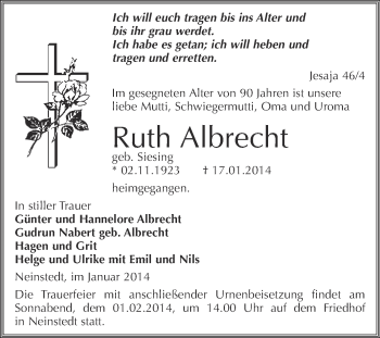 Traueranzeige von Ruth Albrecht von WVG - Wochenspiegel Quedlinburg