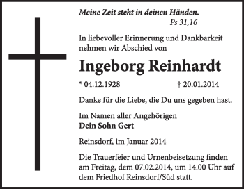 Traueranzeige von Ingeborg Reinhardt von Super Sonntag Wittenberg