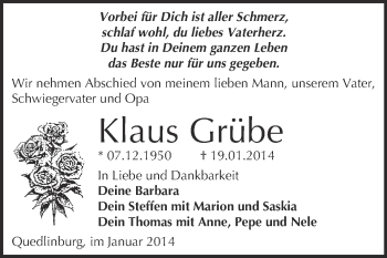 Traueranzeige von Klaus Grübe von WVG - Wochenspiegel Quedlinburg
