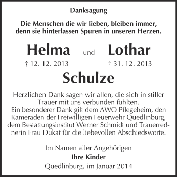 Traueranzeige von Helma und Lothar Schulze von WVG - Wochenspiegel Quedlinburg