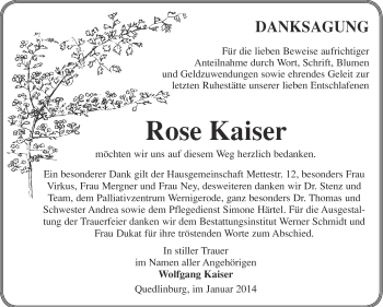 Traueranzeige von Rose Kaiser von WVG - Wochenspiegel Quedlinburg