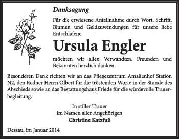 Traueranzeige von Ursula Engler von Super Sonntag Dessau / Köthen