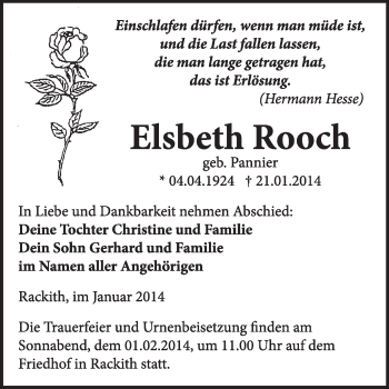 Traueranzeige von Elsbeth Rooch von WVG - Wochenspiegel Wittenberg