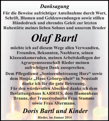 Traueranzeige von Olaf Bartl von WVG - Wochenspiegel Quedlinburg