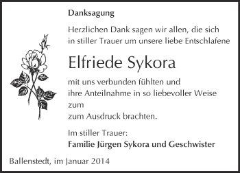 Traueranzeige von Elfriede Sykora von WVG - Wochenspiegel Quedlinburg