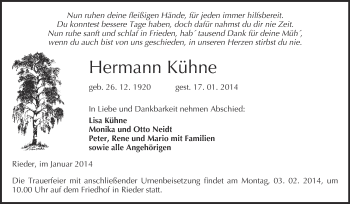 Traueranzeige von Hermann Kühne von WVG - Wochenspiegel Quedlinburg