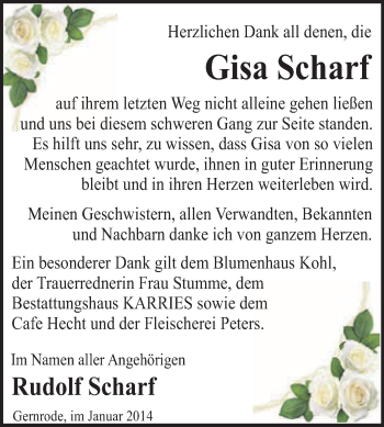 Traueranzeige von Gisa Scharf von WVG - Wochenspiegel Quedlinburg