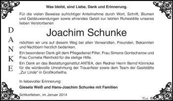 Traueranzeige von Joachim Schunke von WVG - Wochenspiegel NMB / WSF / ZTZ