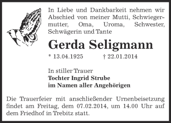 Traueranzeige von Gerda Seligmann von Super Sonntag Bernburg