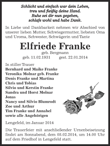 Traueranzeige von Elfriede Franke von WVG - Wochenspiegel SGH