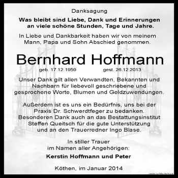 Traueranzeige von Bernhard Hoffmann von Super Sonntag Dessau / Köthen