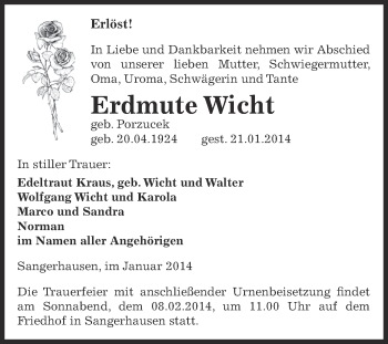 Traueranzeige von Erdmute Wicht von WVG - Wochenspiegel SGH