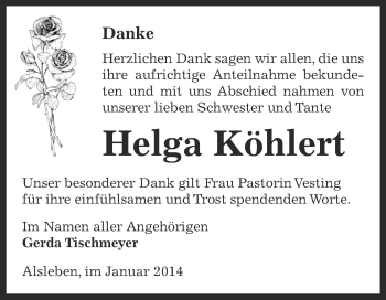 Traueranzeige von Helga Köhlert von Super Sonntag Bernburg