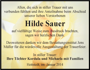 Traueranzeige von Hilde Sauer von Super Sonntag Aschersleben
