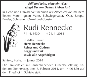 Traueranzeige von Rudi Rennecke  von WVG - Wochenspiegel Quedlinburg