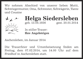 Traueranzeige von Helga Siedersleben von WVG - Wochenspiegel Aschersleben