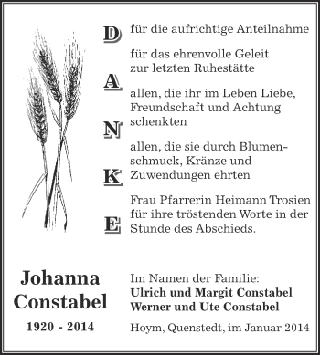 Traueranzeige von Johanna Constabel von WVG - Wochenspiegel Aschersleben