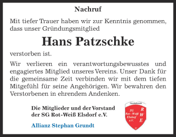 Traueranzeige von Hans Patzschke von WVG - Wochenspiegel Dessau / Köthen