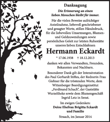 Traueranzeige von Hermann Eckhardt von WVG - Wochenspiegel Wittenberg
