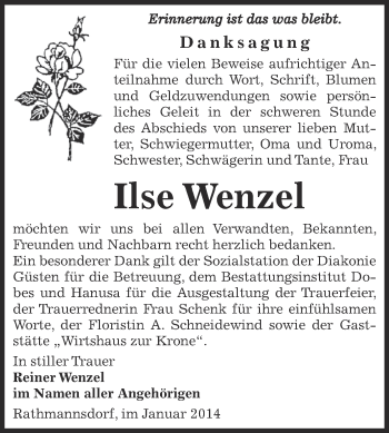 Traueranzeige von Ilse Wenzel von Super Sonntag Bernburg