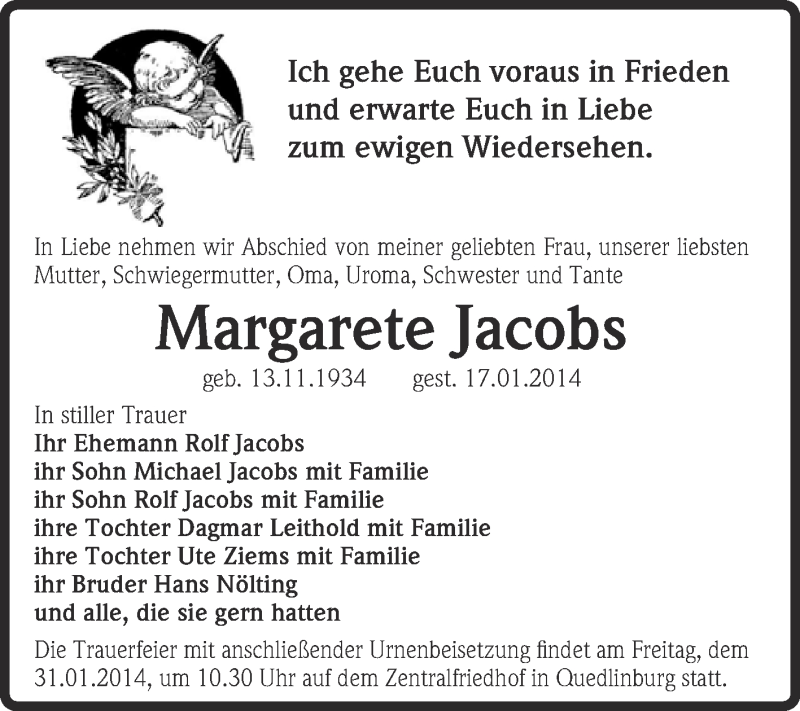  Traueranzeige für Margarete Jacobs vom 29.01.2014 aus WVG - Wochenspiegel Quedlinburg
