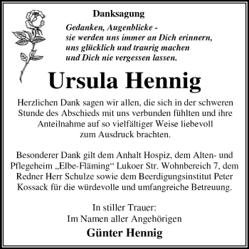 Traueranzeige von Ursula Hennig von Super Sonntag Dessau / Köthen