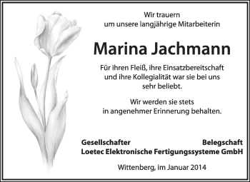 Traueranzeige von Marina Jachmann von WVG - Wochenspiegel Wittenberg