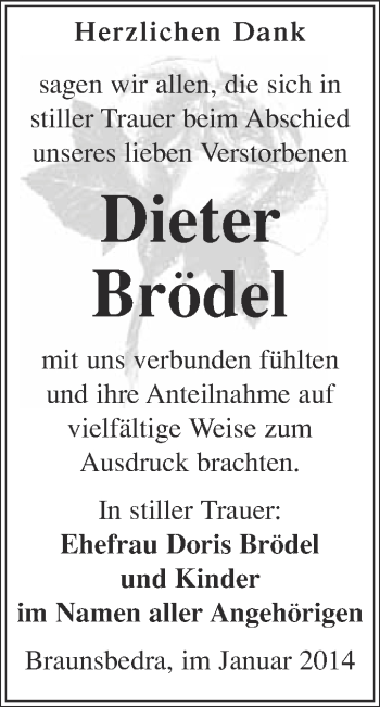 Traueranzeige von Dieter Brödel von WVG - Wochenspiegel Merseburg