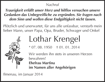 Traueranzeige von Lothar Krengel von Super Sonntag Merseburg
