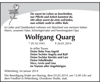 Traueranzeige von Wolfgang Quarg von WVG - Wochenspiegel Wittenberg