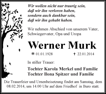 Traueranzeige von Werner Murk von WVG - Wochenspiegel Dessau / Köthen