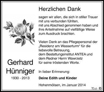 Traueranzeige von Gerhard Hünniger von WVG - Wochenspiegel NMB / WSF / ZTZ