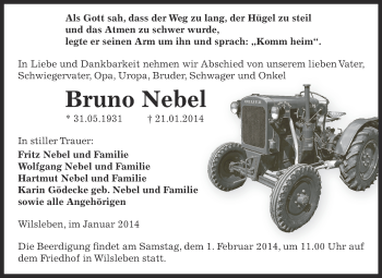 Traueranzeige von Bruno Nebel von WVG - Wochenspiegel Aschersleben