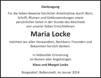 Traueranzeige von Maria Locke von WVG - Wochenspiegel Quedlinburg
