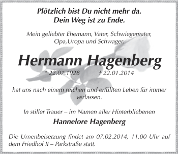 Traueranzeige von Hermann Hagenberg von Super Sonntag Bernburg
