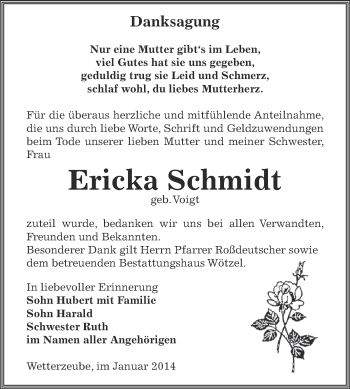 Traueranzeige von Ericka Schmidt von Super Sonntag Zeitz