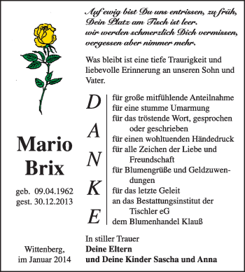 Traueranzeige von Mario Brix von Super Sonntag Wittenberg