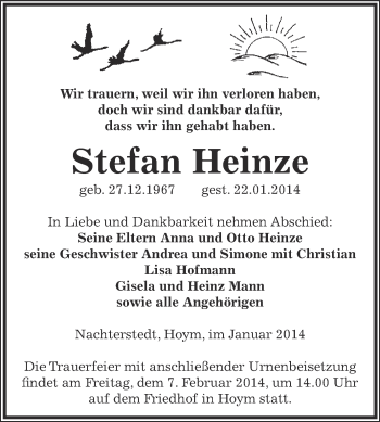 Traueranzeige von Stefan Heinze von WVG - Wochenspiegel Aschersleben