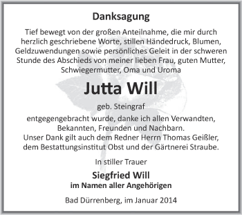 Traueranzeige von Jutta Will von Super Sonntag Merseburg