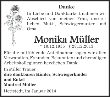 Traueranzeige von Monika Müller von Super Sonntag SGH Mansf. Land