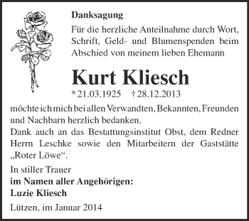 Traueranzeige von Kurt Kliesch von Super Sonntag Merseburg