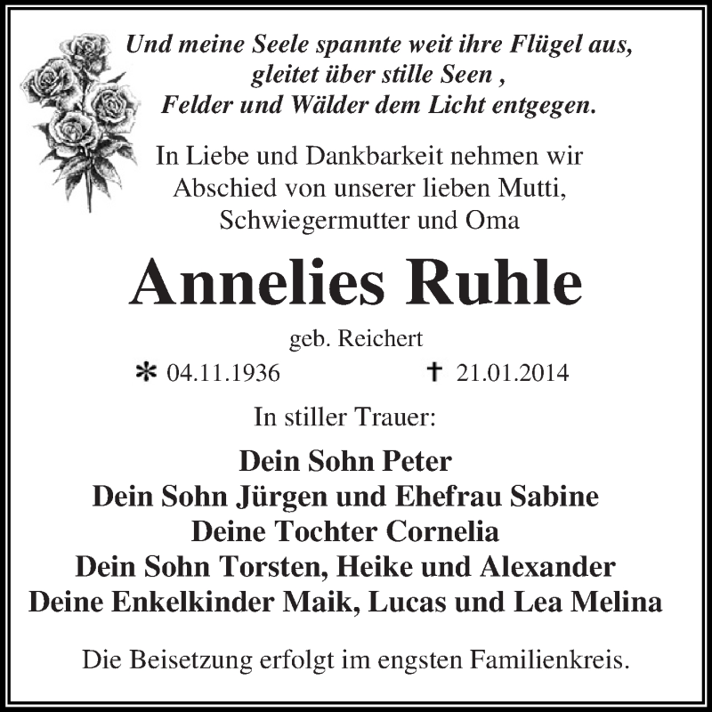  Traueranzeige für Annelies Ruhle vom 29.01.2014 aus WVG - Wochenspiegel Dessau / Köthen