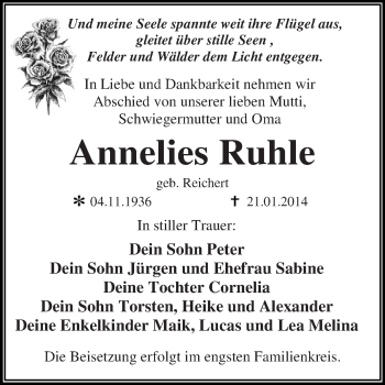 Traueranzeige von Annelies Ruhle von WVG - Wochenspiegel Dessau / Köthen