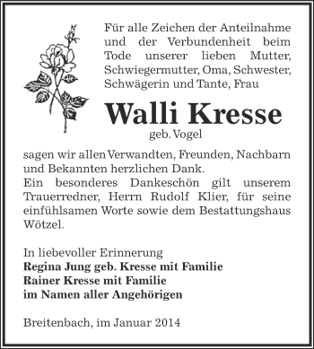 Traueranzeige von Walli Kresse von Super Sonntag Zeitz